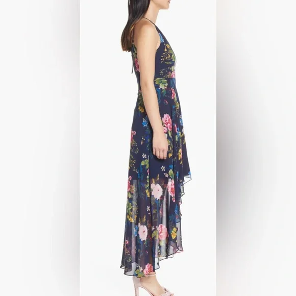 NWT Eliza J Navy Floral Print Chiffon High/Low Halter Midi Dress - Picture 3 of 14